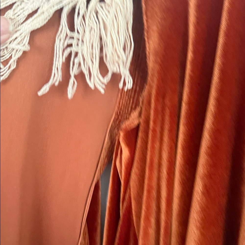 Reclamation dress Elegant Rust Velvet Gown with Lace Trim - Picture 10 of 11